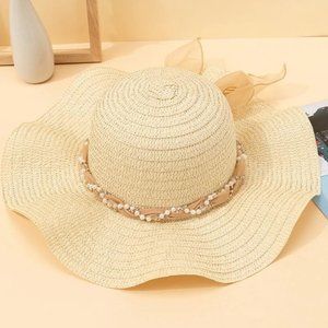 Women's Pearl and Scarf Floppy Straw Sun Boho Hat - NEW